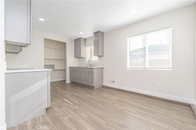 kitchen featuring gray cabinetry, light hardwood / wood-style floors, and plenty of natural light