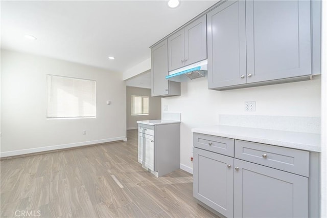 kitchen with light wood-type flooring and gray cabinetry