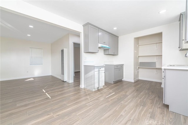 kitchen with gray cabinetry and light hardwood / wood-style floors