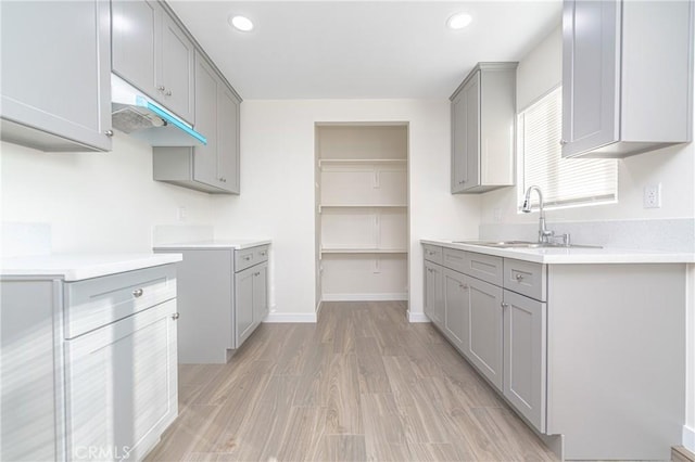 kitchen with sink, gray cabinetry, and light hardwood / wood-style flooring