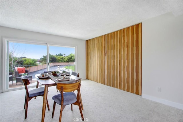 carpeted dining area featuring a textured ceiling