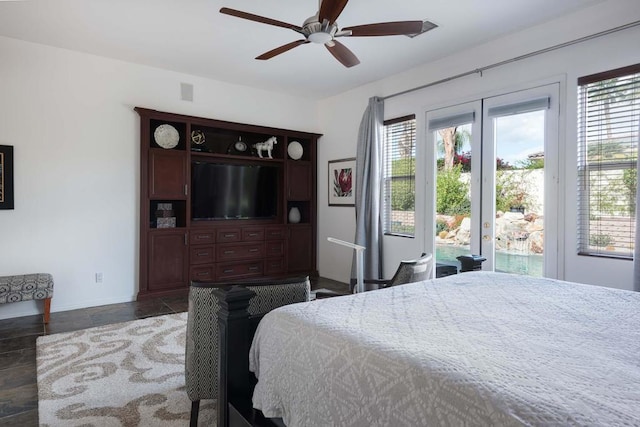 bedroom with ceiling fan and access to exterior