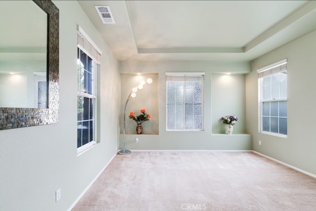 carpeted spare room with a tray ceiling