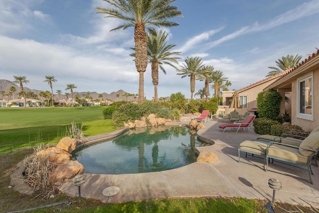 view of pool featuring a lawn and a patio