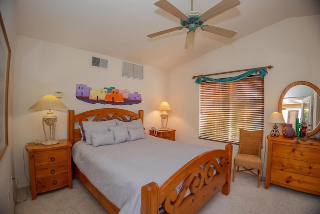 bedroom with ceiling fan, light carpet, and lofted ceiling