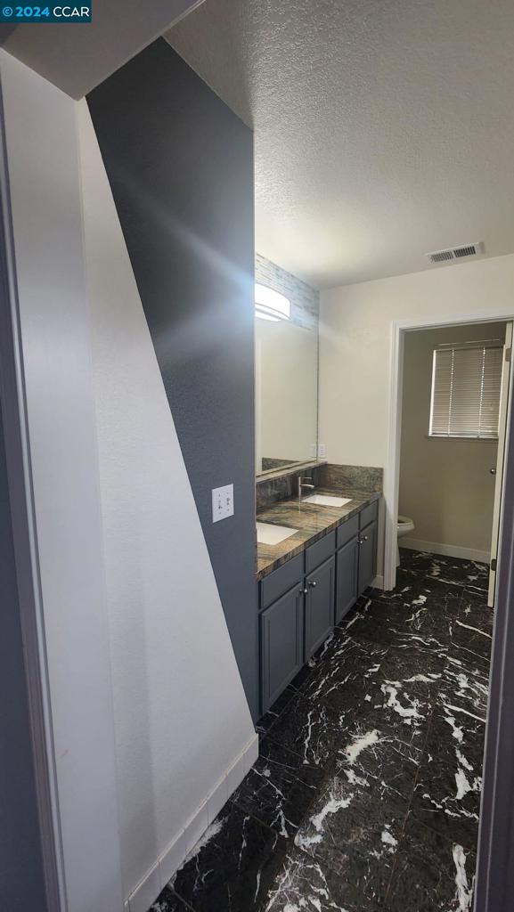 bathroom featuring toilet, vanity, and a textured ceiling