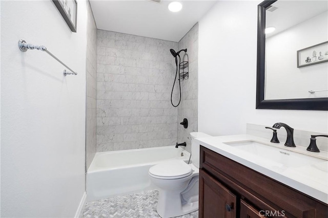 full bathroom with toilet, tiled shower / bath combo, tile patterned flooring, and vanity