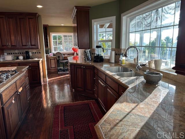 kitchen with dark wood-type flooring, decorative backsplash, plenty of natural light, and sink