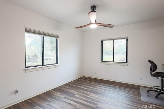 unfurnished office with ceiling fan and dark hardwood / wood-style floors