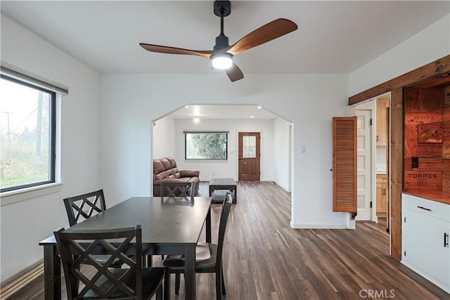 dining area featuring dark hardwood / wood-style floors, ceiling fan, and plenty of natural light