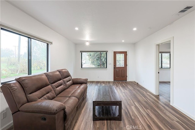 living room with dark hardwood / wood-style floors