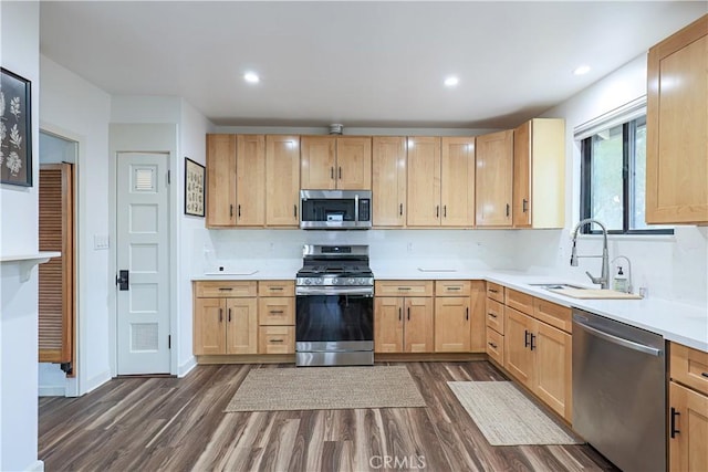 kitchen featuring light brown cabinetry, dark hardwood / wood-style floors, sink, and stainless steel appliances