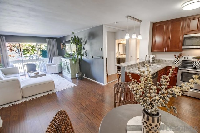 living room with sink and dark hardwood / wood-style floors