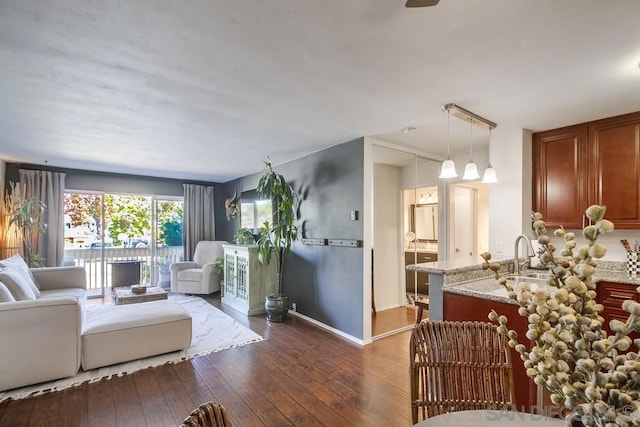 living room featuring dark hardwood / wood-style floors and sink