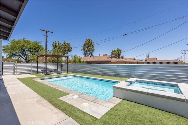 view of swimming pool with a pergola and an in ground hot tub