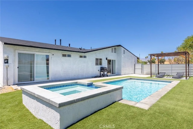 view of pool with a pergola, an in ground hot tub, and a lawn