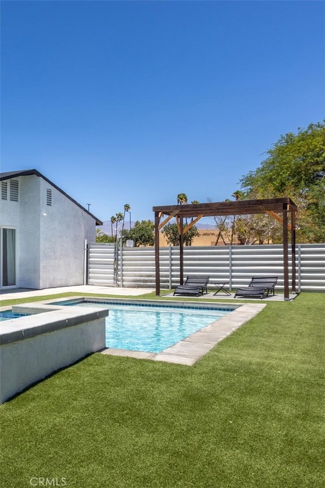 view of swimming pool featuring a pergola, a hot tub, and a lawn