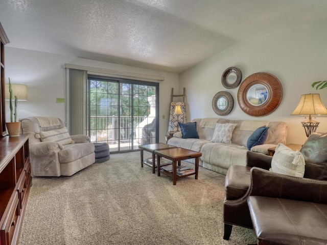 carpeted living room with vaulted ceiling and a textured ceiling