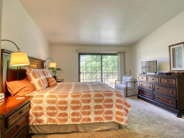 carpeted bedroom with access to exterior and a textured ceiling