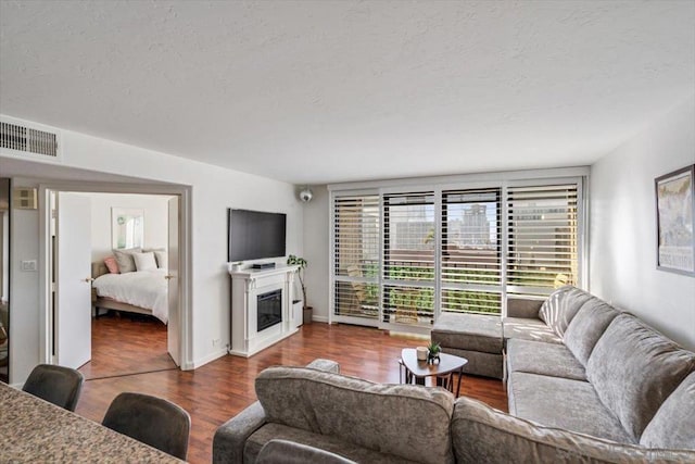 living room featuring a textured ceiling and wood-type flooring