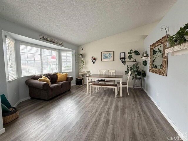 living room with hardwood / wood-style floors, lofted ceiling, and a textured ceiling