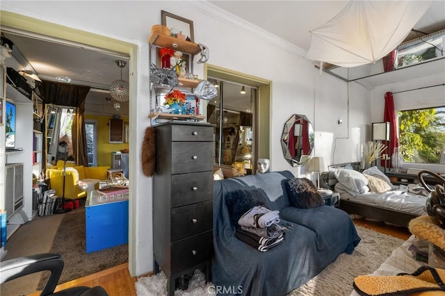 interior space with hardwood / wood-style flooring and ornamental molding