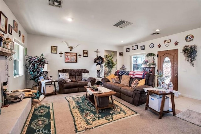 living room with light carpet