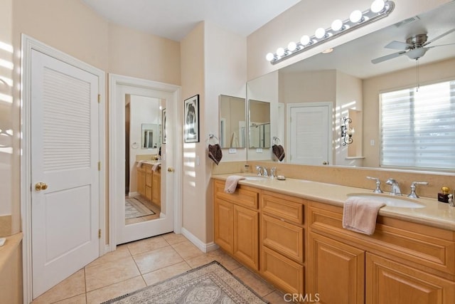 bathroom featuring ceiling fan, tile patterned flooring, and vanity