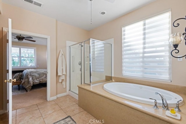 bathroom featuring tile patterned floors, separate shower and tub, and ceiling fan