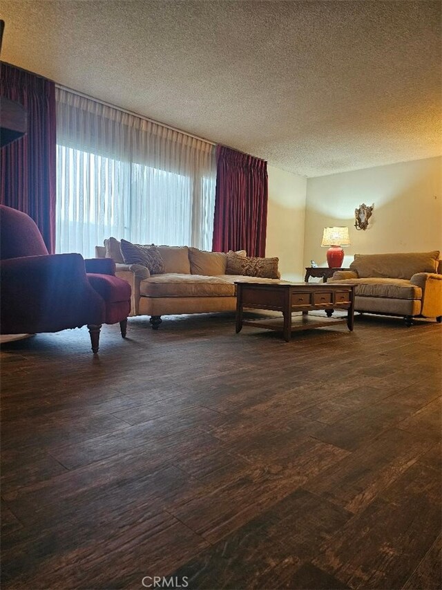 living room featuring a textured ceiling and dark wood-type flooring