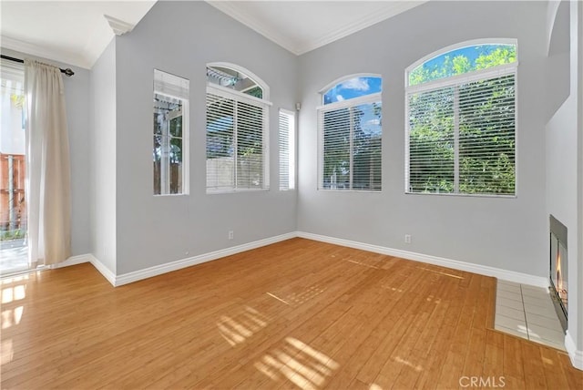 spare room featuring ornamental molding and light wood-type flooring