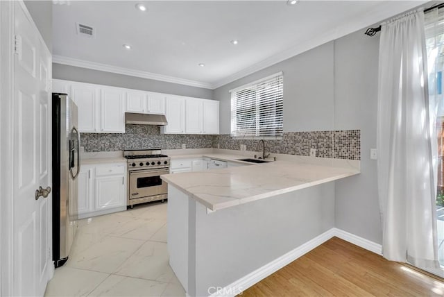 kitchen with white cabinets, stainless steel appliances, tasteful backsplash, sink, and kitchen peninsula