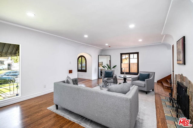 living room featuring ornamental molding, a healthy amount of sunlight, and wood-type flooring