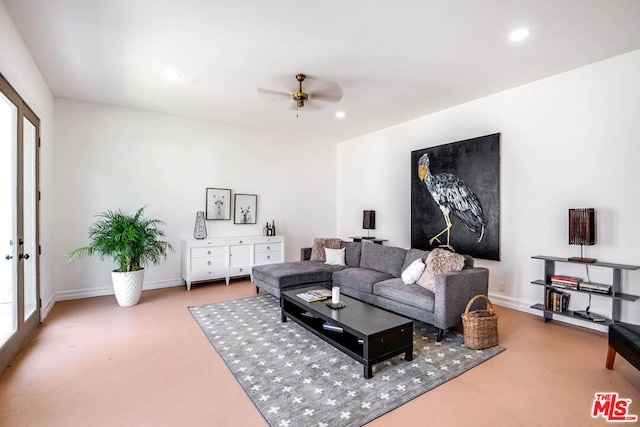 living room with ceiling fan