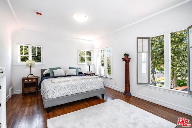 bedroom with dark hardwood / wood-style floors