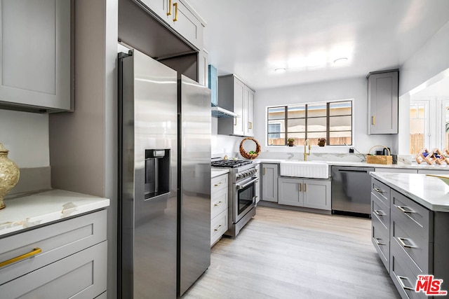 kitchen featuring light hardwood / wood-style floors, gray cabinets, stainless steel appliances, and wall chimney exhaust hood