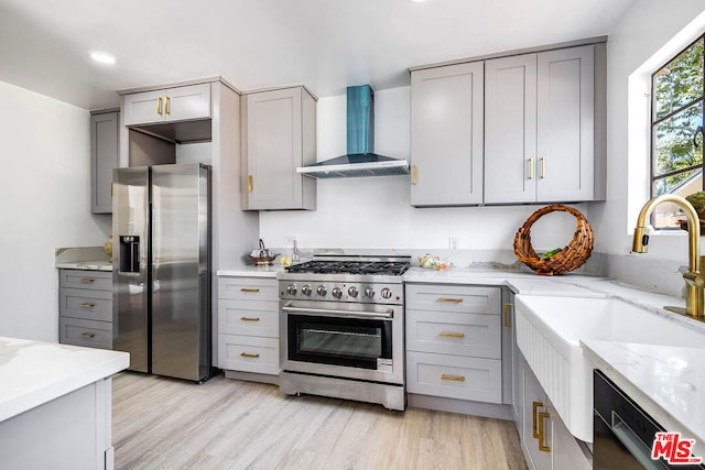 kitchen with appliances with stainless steel finishes, wall chimney exhaust hood, sink, and gray cabinets