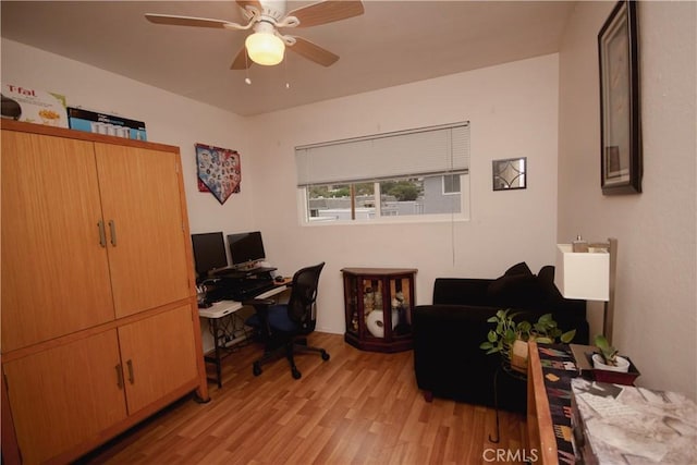 office area featuring ceiling fan and light wood-type flooring