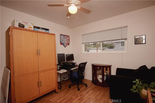 office space featuring ceiling fan and light hardwood / wood-style floors