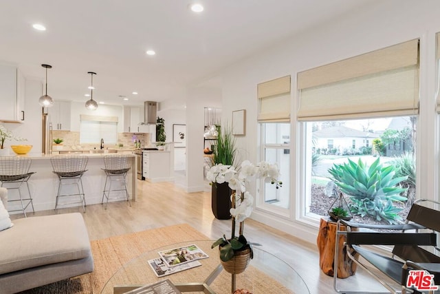 living room with sink and light hardwood / wood-style flooring