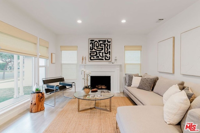 living room featuring a brick fireplace and light wood-type flooring