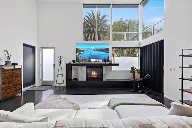 living room with a high ceiling