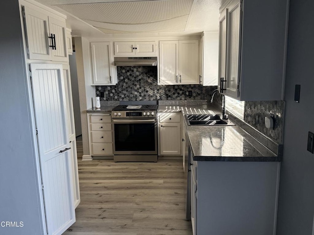 kitchen with stainless steel range oven, white cabinetry, tasteful backsplash, light hardwood / wood-style floors, and sink