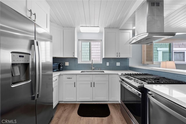 kitchen featuring white cabinets, wood ceiling, island exhaust hood, stainless steel appliances, and sink