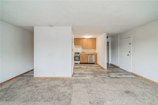 unfurnished living room with sink and light carpet