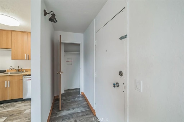 corridor featuring sink and wood-type flooring