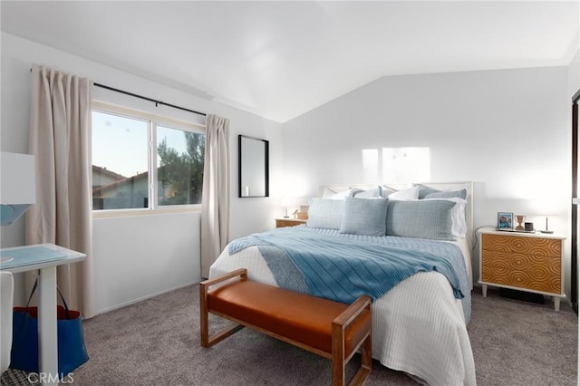 bedroom featuring carpet and vaulted ceiling