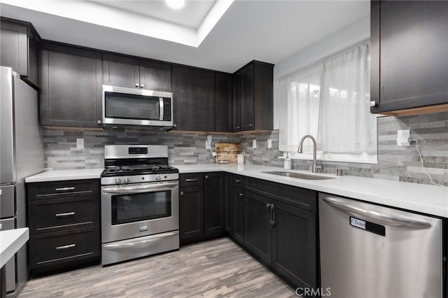 kitchen with tasteful backsplash, sink, stainless steel appliances, and light hardwood / wood-style floors