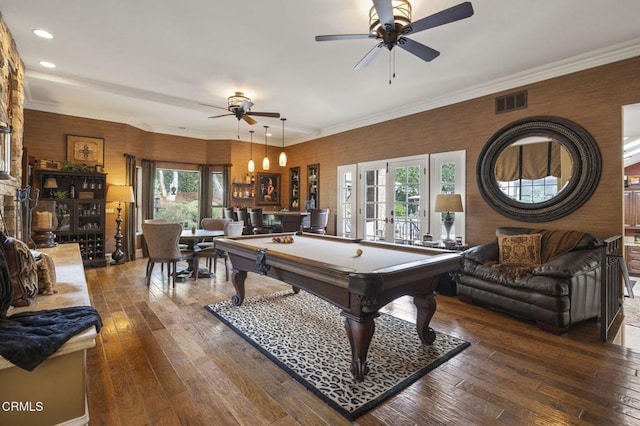 playroom featuring dark hardwood / wood-style floors, pool table, plenty of natural light, and ceiling fan