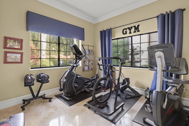 exercise room featuring plenty of natural light, ornamental molding, and tile patterned flooring